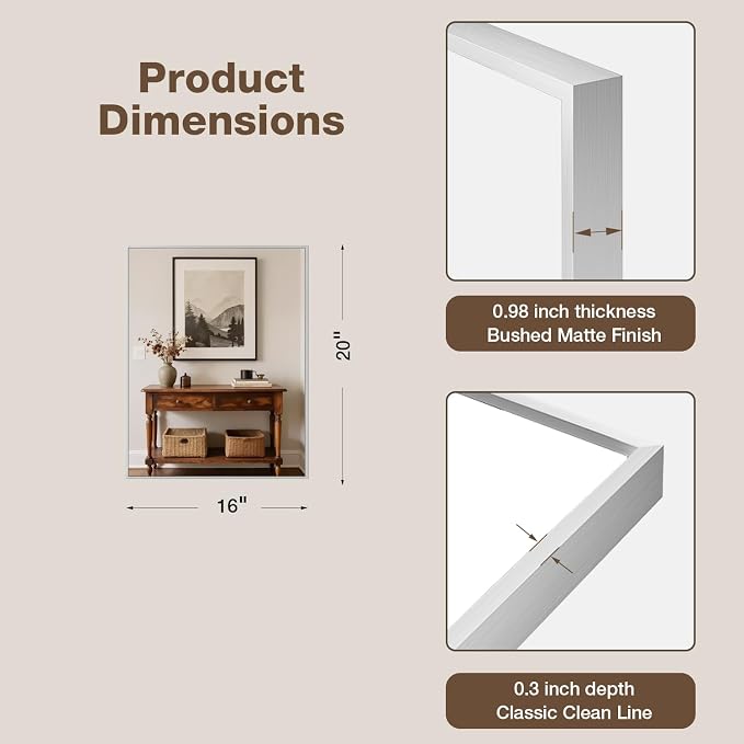 MZON 16" x 20" Brushed Nickel Bathroom Vanity Mirror, Mirror for Over Sink | Aluminum Alloy Frame, Clear Reflection, Rust-Resistant, Vertical or Horizontal, Wall Mount, Bedroom and Entryway