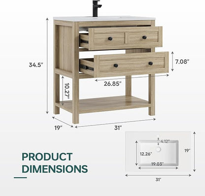 30 Inch Bathroom Vanity with Sink, Farmhouse Storage Cabinet with Drawers & Open Storage Shelf, Easy Assembly, Adjustable Feet, Oak
