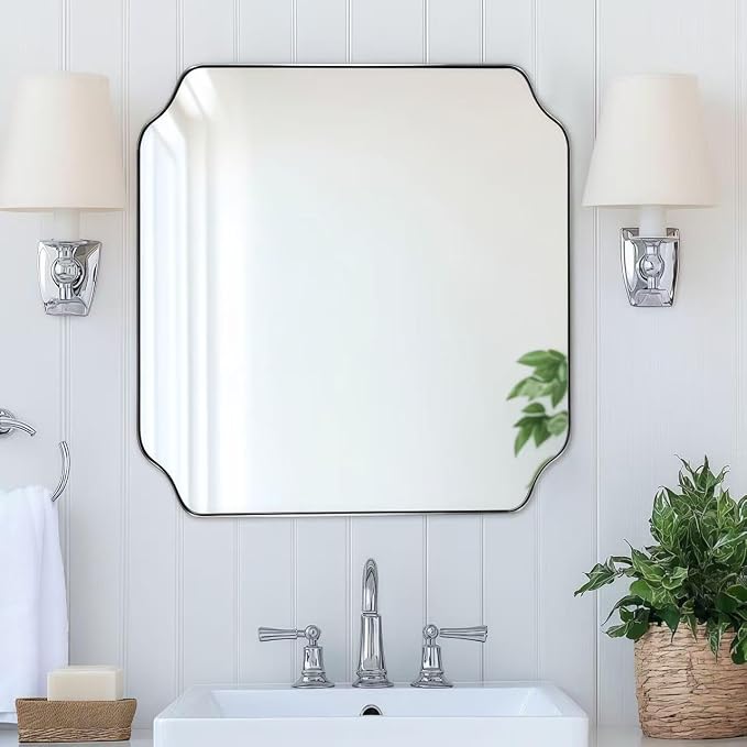 24"x24" Brushed Nickel Square Mirror, Silver Bathroom Mirror for Wall, Modern Scalloped Mirror in Anti-Rust Stainless Steel Frame, Styled Scalloped Edge Design Ideal for Home Decor