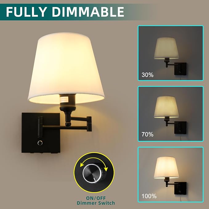 Bedside Wall Mount Light with Dimmable Switch and USB C+A Charging Port, Swing Arm Fabric Shade Wall Sconce Light with Plug in Cord, Black Wall Lamp for Bedroom, Living Room and Hotel