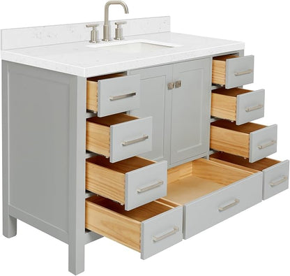 DKB Beckford 48-Inch Bathroom Vanity with Sink — Grey Single Sink Bathroom Vanity, 1.5" Edge Carrara White Quartz Countertop, Solid Wood, 2 Soft-Close Doors, 9 Dovetail Drawers
