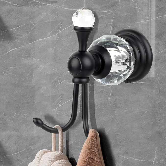 Luxury Crystal Black Robe Hook Bathroom Hangings Towel Rack Clothes Hook, Double Wall Mounted Towel Hook, Double Robe/Towel Hook