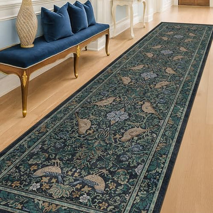 Boho 3x10 Wide Hallway Runner Rug 10 ft, Washable Extra Long Runner Rugs for Entrance Floor, Vintage Blue and Green Plant Design Carpet for Kitchen, Low Pile & Stain Resistant