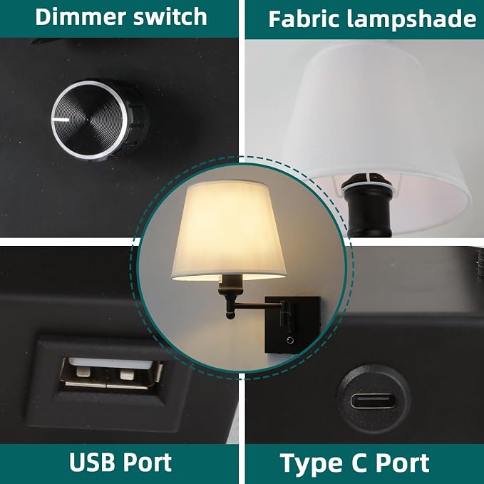 Bedside Wall Mount Light with Dimmable Switch and USB C+A Charging Port, Swing Arm Fabric Shade Wall Sconce Light with Plug in Cord, Black Wall Lamp for Bedroom, Living Room and Hotel