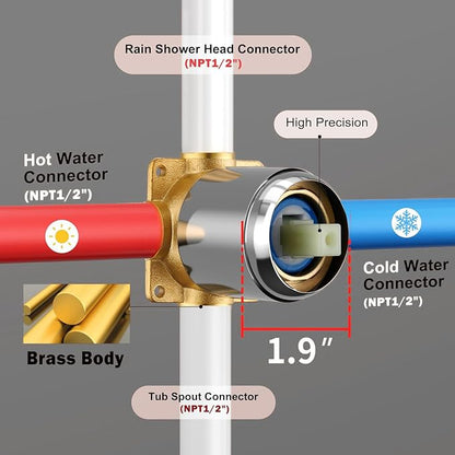 8" Square Rainfall Shower Faucet Set with Tub Spout, Chrome | Wall Mounted, Single Handle, Rough-in Valve, 1/2" NPT, Air Pressure Boost