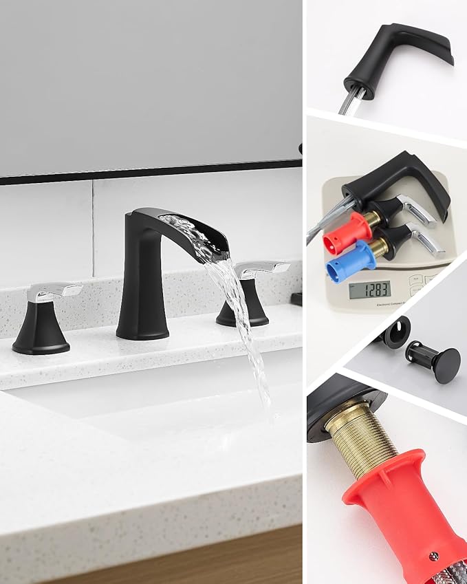 Fapully Bathroom Faucet 3 Hole, Waterfall 8 Inch Widespread Bathroom Sink Faucet with Pop-up Drain, Two-Handle Faucet for Bathroom Sink Matte Black&Chrome