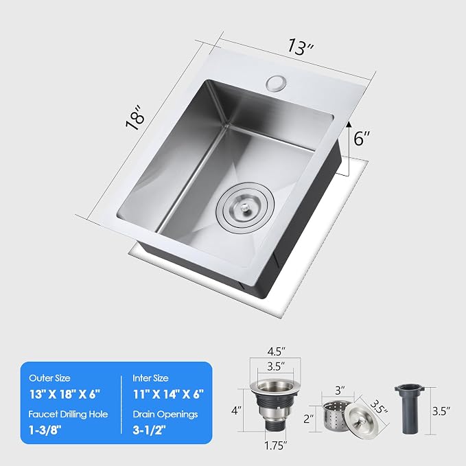 13 x 18 inch Bar Sink, Drop-in Tight Radius Brushed Stainless Steel Topmount Kitchen Sink Single Bowl