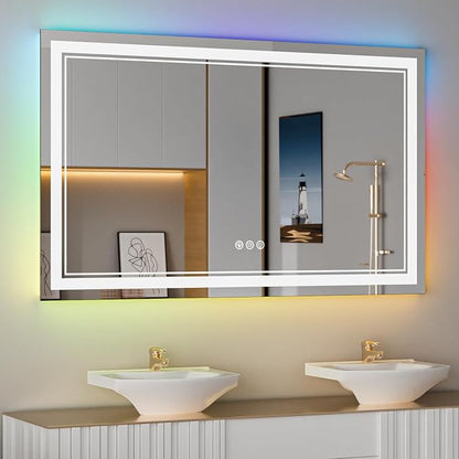 55x36 Inch RGB LED Bathroom Mirror with Lights | Front and RGB Backlit, Dimmable, Memory, Anti Fog, Shatterproof, Horizontal/Vertical, Lighted Mirrors for Bathroom Wall