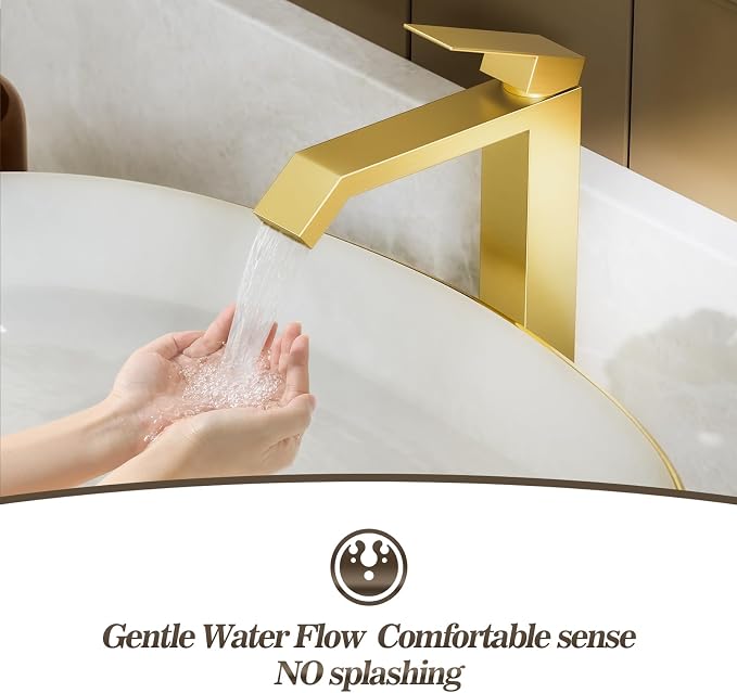 Brushed Gold Bathroom Faucet Brass Vessel Sink Faucet, Square Single Hole Single Handle Waterfall Above Counter Sink Faucet with Metal Pop Up Drain Without Overflow, FH05-BG-V