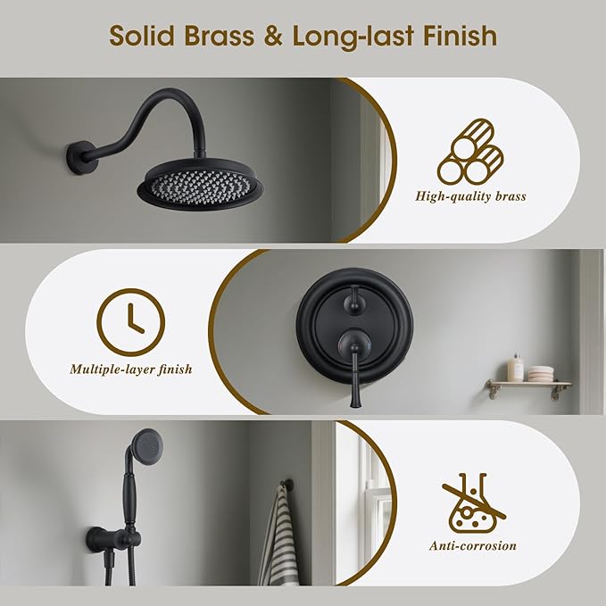 Rain Shower Head with Handheld Spray, Rainfall Shower System with Rough-in Valve, Shower Faucet Set with Pressure Balance Valve, 9 Inch Luxury Shower Trim Kit Wall Mount, Matte Black