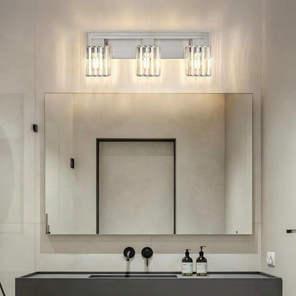 Brushed Nickel Bathroom Light Fixtures, 3-Light Vanity Light Over Mirror | Wall Sconces with Square Crystal Shades, E26 Socket, Modern Vanity Lights for Bathroom (Bulbs Not Included)