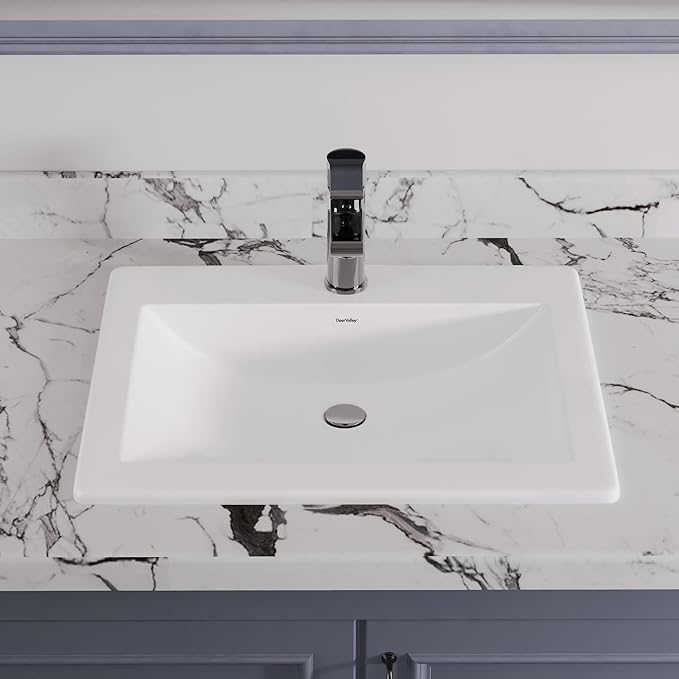 DeerValley Compact Rectangle Drop-In Sink 21x18 Inch, White Ceramic Bathroom Basin with Overflow Guard