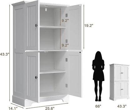 ChooChoo Bathroom Floor Cabinet with Adjustable Shelves | Bathroom Storage Cabinet, 4 Doors, Freestanding Cupboard for Living Room, Kitchen Pantry, White