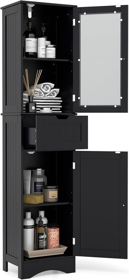 COSTWAY 67” Tall Bathroom Storage Cabinet, Freestanding Floor Cabinet with 2 Doors & 1 Drawer, 3-Level Adjustable Shelves, Narrow Slim Linen Tower for Bathroom, Living Room, Kitchen (Black)
