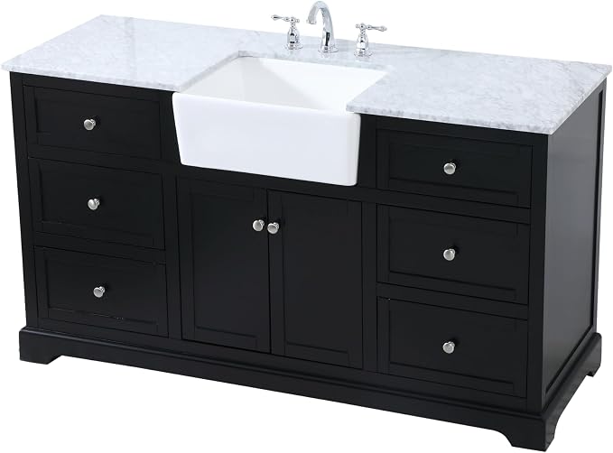 60" Pre-Assembled Bathroom Vanity with Sink, Solid Birch and MDF, Carrara White Marble Countertop Attached, Single Rectangle Porcelain Sink, 6 Soft-Close Drawers, Black