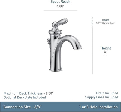 Moen Brantford Chrome One-Handle Traditional Bathroom Sink Faucet with Optional Deckplate and Available Vessel Sink Extension Kit, 6600