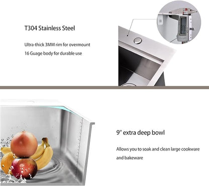 Bar Sink, 15 x 15 Inch Bar Sink Drop In, Stainless Steel Square Topmount Workstation Small Kitchen Sink, Single Bowl Kitchen Sink for Office Laundry Wet Bar Prep RV Outdoor Yard
