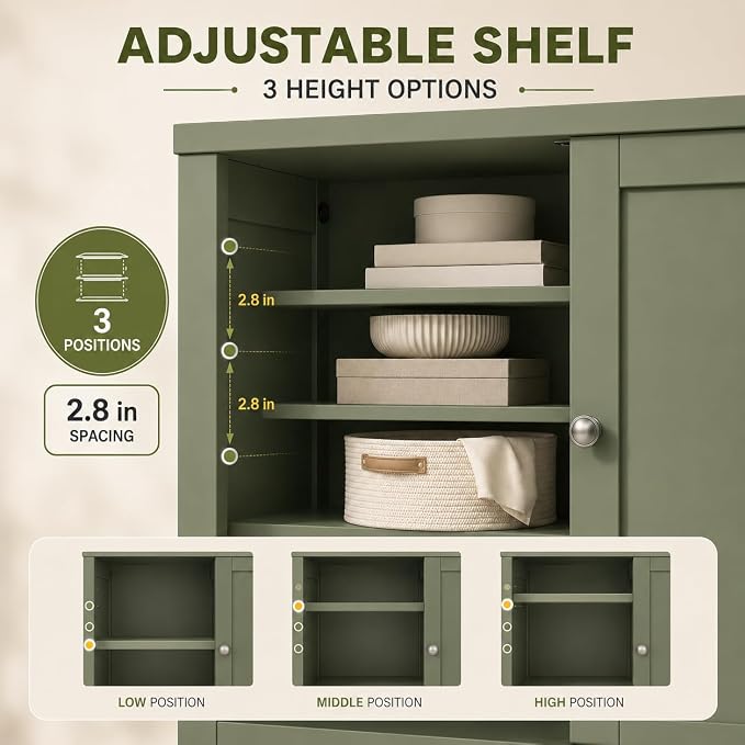 Nuturelly Bathroom Floor Storage Cabinet, 4 Doors, Anti-Tip, Pale Green | 23.7"D x 11.9"W x 42.6"H, Adjustable Shelves, Shaker style, 5-position Shelves, Rounded Corners, Easy Assembly