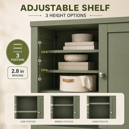 Nuturelly Bathroom Floor Storage Cabinet, 4 Doors, Anti-Tip, Pale Green | 23.7"D x 11.9"W x 42.6"H, Adjustable Shelves, Shaker style, 5-position Shelves, Rounded Corners, Easy Assembly