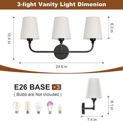 Bathroom Vanity Light, Matte Black Bathroom Light Fixtures, 3-Light Lighting Fixtures Over Mirror, Modern Wall Sconce with Flared White Fabric Shade, E26 Socket(ETL Listed)