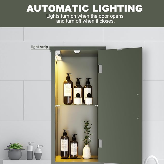 67" Tall Bathroom Storage Cabinet with Lights, Slim Narrow Bathroom Cabinet Organizer with Doors and Adjustable Shelves, Tall Cabinet for Small Space (66.9" Tall-Green with Light)