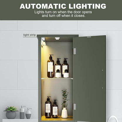 67" Tall Bathroom Storage Cabinet with Lights, Slim Narrow Bathroom Cabinet Organizer with Doors and Adjustable Shelves, Tall Cabinet for Small Space (66.9" Tall-Green with Light)