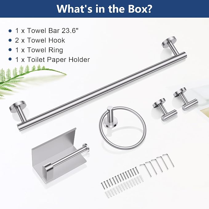 TQKAG 5 Piece Towel Bar Set, 23.6 Inch Brushed Nickel Bathroom Accessories | SUS304 Stainless Steel, Brushed Nickel Toilet Paper Holder with Shelf, Towel Racks for Bathroom Wall Mounted, Towel Bars