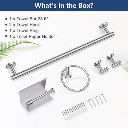 TQKAG 5 Piece Towel Bar Set, 23.6 Inch Brushed Nickel Bathroom Accessories | SUS304 Stainless Steel, Brushed Nickel Toilet Paper Holder with Shelf, Towel Racks for Bathroom Wall Mounted, Towel Bars