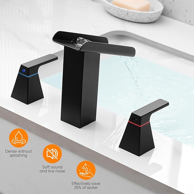 Matte Black Bathroom Faucet 3 Holes Two Handles Lavatory Vanity Sink Faucet Widespread 8 Inch Waterfall with Supply Hoses Stainless Steel