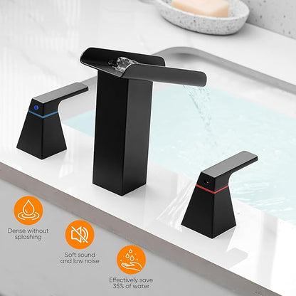 Matte Black Bathroom Faucet 3 Holes Two Handles Lavatory Vanity Sink Faucet Widespread 8 Inch Waterfall with Supply Hoses Stainless Steel