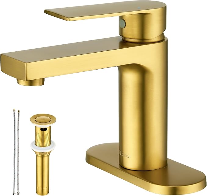 Gold Bathroom Faucet 1 Hole, Single Handle Bathroom Vanity Sink Faucet with Deck Plate & Metal Pop-Up Drain & Supply Lines, Gold Brushed Finish