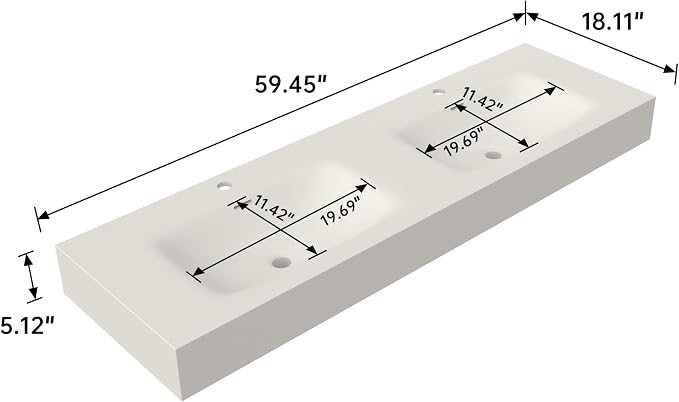 Wall Mount Double Bathroom Sink 59"L x 18"W x 5"H, Resin Stone Floating Sink with Facuet Holes, Rectangle Countertop Freestanding Vessel Sinks (Double Holes 59'')