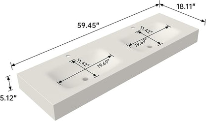 Wall Mount Double Bathroom Sink 59"L x 18"W x 5"H, Resin Stone Floating Sink with Facuet Holes, Rectangle Countertop Freestanding Vessel Sinks (Double Holes 59'')