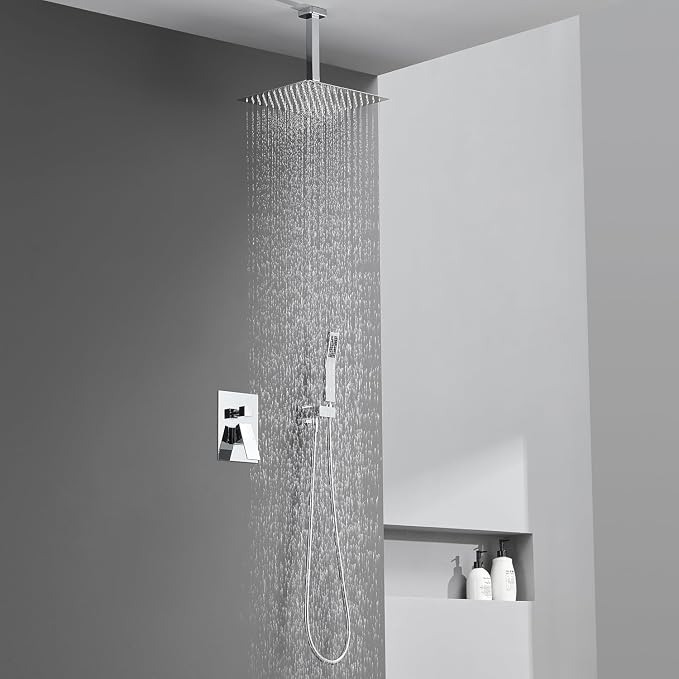 Shower System 12 Inches Rain Shower Combo Set Chrome Ceiling Mount Shower Faucet Bathroom Faucets with Rainfall Shower Head and Hand Shower