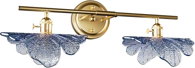 2 Light Vintage Wall Sconces with Glass Shades,Vanity Light,Bathroom Light,Wall Lighting Fixture for Mirror,Home Decor Art Wall Light (Golden+Blue, 2-Lights)