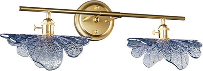 2 Light Vintage Wall Sconces with Glass Shades,Vanity Light,Bathroom Light,Wall Lighting Fixture for Mirror,Home Decor Art Wall Light (Golden+Blue, 2-Lights)