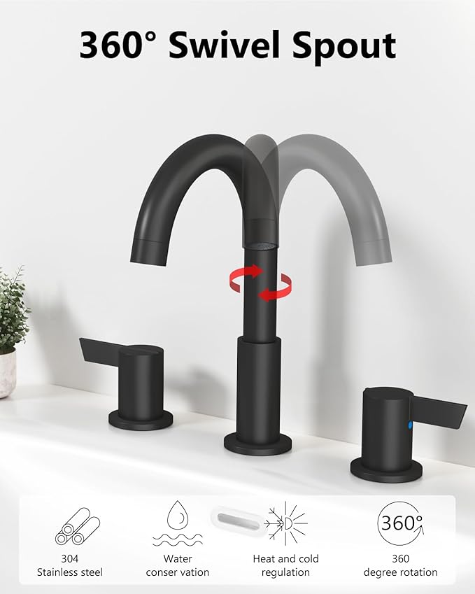 Bathroom Sink Faucet 3 Hole 8 Inch Widespread 2-Handle Vanity Faucet SUS304 Stainless Steel with Pop-Up Drain and Supply Lines Matte Black