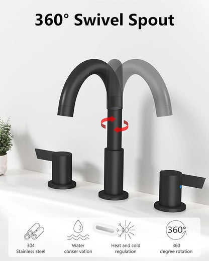 Bathroom Sink Faucet 3 Hole 8 Inch Widespread 2-Handle Vanity Faucet SUS304 Stainless Steel with Pop-Up Drain and Supply Lines Matte Black