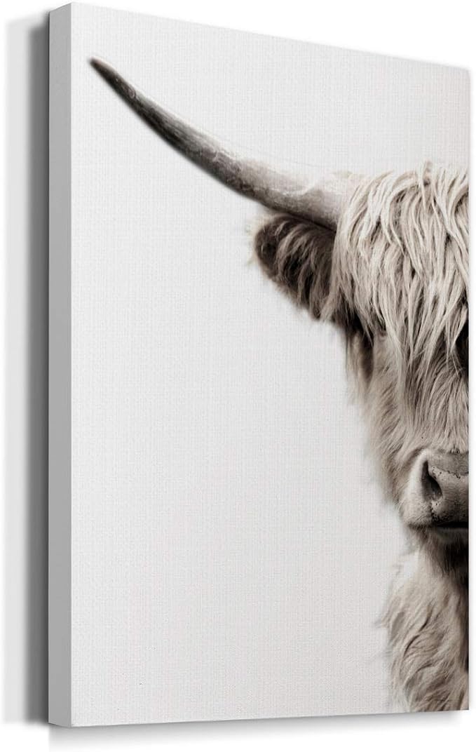 Renditions Gallery Animal Canvas Wall Art Modern Paintings & Prints Decor Vintage Highland Cattle Canvas Black & White Wall Hanging Artwork for Bedroom Living Room Office - 8"x12" LT02