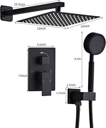 Matte Black Rainfall Shower Head, Wall Mounted 12 Inch Shower Heads with Handheld Spray Combo, Luxury Bathroom Square Rain Shower System, Solid Brass Pressure Balancd Shower Faucet Valve