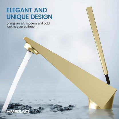 Bathroom Sink Faucet Brushed Gold, Single Handle Brass Sink Faucet with Unique Design, Single Hole Basin Mixer for Lavatory, Vanity, RV, Modern Farmhouse, Suitable for 1 Hole