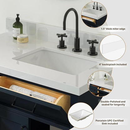 ARIEL 43 inch Bathroom Vanity top with Sink, 1.5 Inch Thick Miter Edge White Quartz top, Right Offset Vanity top with Rectangle Porcelain Sink, Includes Backsplash