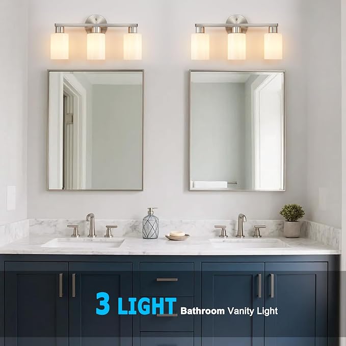 Brushed Nickel 3-Light Bathroom Vanity Light Modern Bathroom Light Fixtures Nickel Vanity Lights with Eye-Friendly Milky White Frosted Glass Shades E26 Socket (Bulbs Not Included)