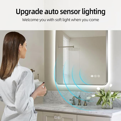 24" x 36" Brushed Nickel LED Bathroom Mirror - Motion Sensor | Smart Backlit Mirror with 3 Colors Stepless Dimmable, Lighted Bathroom Mirror with Lights, Anti-Fog, UL-Listed, CRI≥93