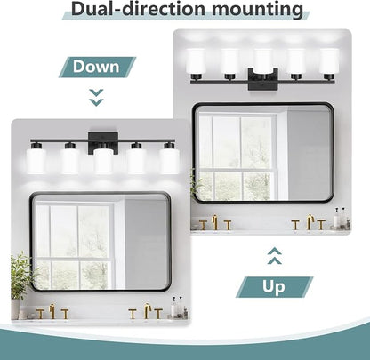 Black Bathroom Light Fixtures, 5-Light Modern Vanity Lights with Milky White Frosted Glass Shades, Wall Sconces for Mirror, Bathroom, Restroom (E26 Socket)