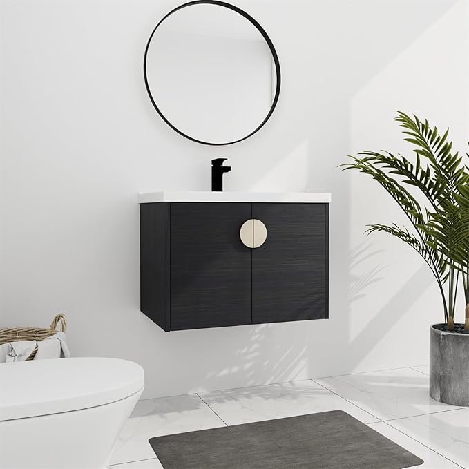 28inch Wall Mount Bathroom Vanity w/Sink Combo for Small Space, Ceramic Countertop Double Doors Modern Bathroom Vanity Cabinet, Floating Black Bathroom Vanity and Sink Set w/Gold Handle