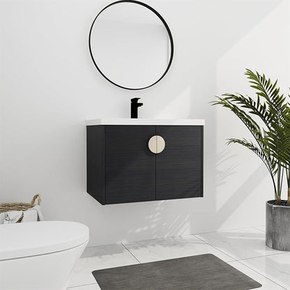 28inch Wall Mount Bathroom Vanity w/Sink Combo for Small Space, Ceramic Countertop Double Doors Modern Bathroom Vanity Cabinet, Floating Black Bathroom Vanity and Sink Set w/Gold Handle