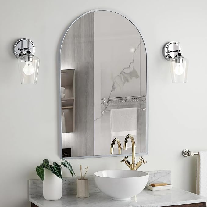 Silver Arched Mirror 20x30in, Metal Framed Bathroom Vanity Wall | Tempered Glass, Shatter Proof, Living Room Bedroom Entryway, Modern Elegant Design