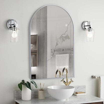Silver Arched Mirror 20x30in, Metal Framed Bathroom Vanity Wall | Tempered Glass, Shatter Proof, Living Room Bedroom Entryway, Modern Elegant Design