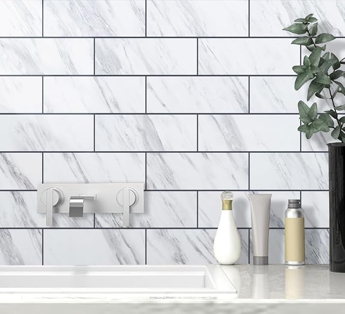 AULIGET 6" x 12" White Marble Peel and Stick Backsplash Wall Tiles, PVC Faux Stone Stick on Tiles for Backsplash Kitchen, Bathroom, Laundry Room, Camper, Fireplace (Pack of 20)
